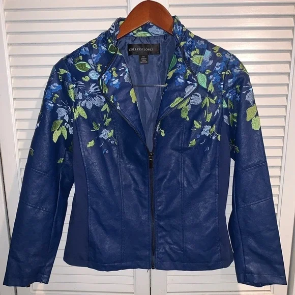 Colleen Lopez Terra Cotta Embroidered Floral Faux Leather Moto Jacket XS - Picture 2 of 8